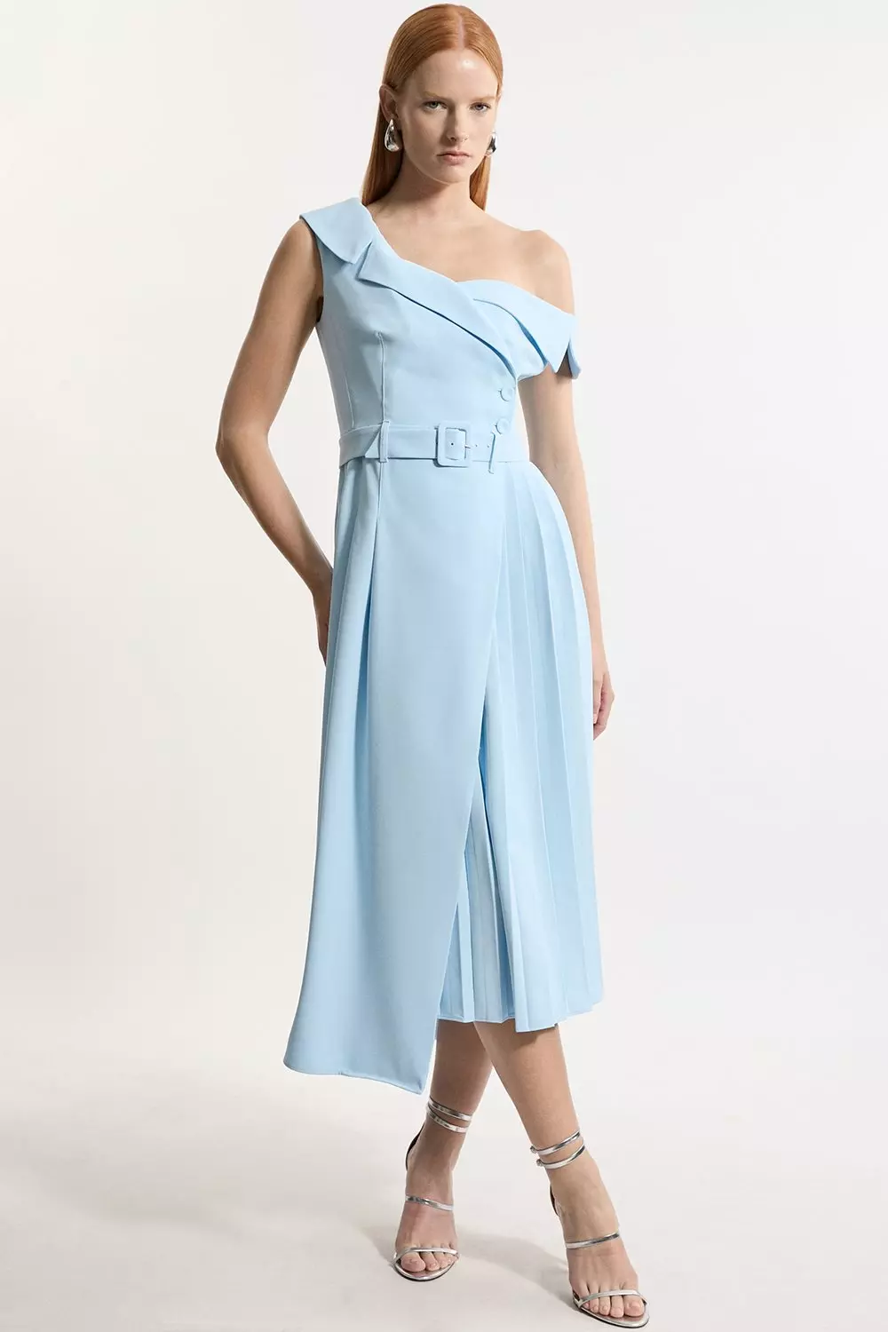 Soft Tailored Crepe One Shoulder Belted Pleated Midi Dress Karen Millen